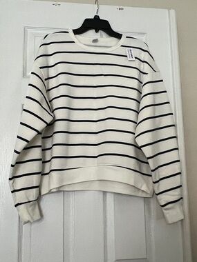 Old Navy Cream and Navy Blue Striped Crewneck Sweatshirt